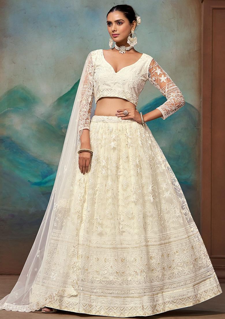 White Embroidererd Georgette Lehenga Set With Dupatta