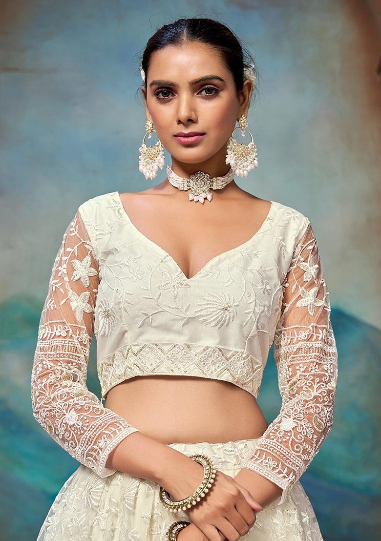 White Embroidererd Georgette Lehenga Set With Dupatta