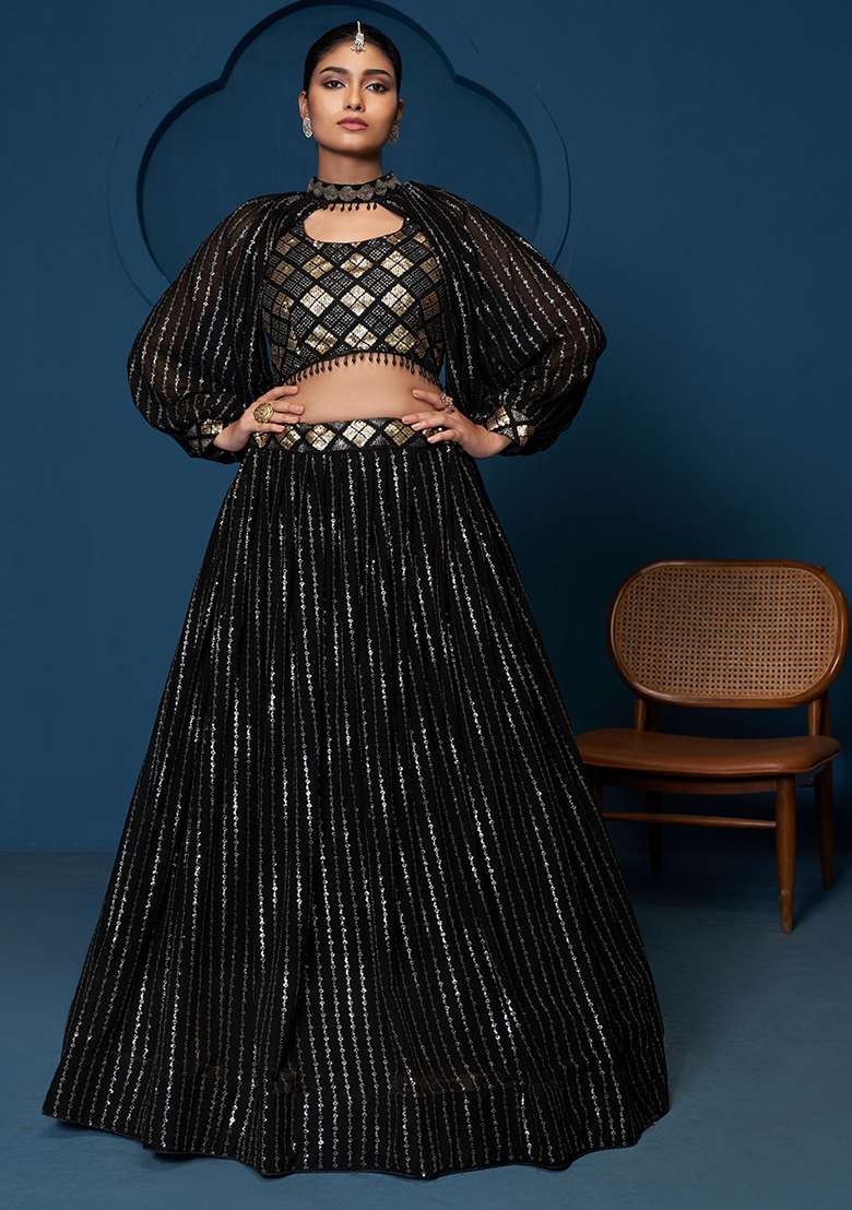 Black Embroidererd With Dupatta Georgette Lehenga Set for Diwali | Wedding & Festive Wear - Indya
