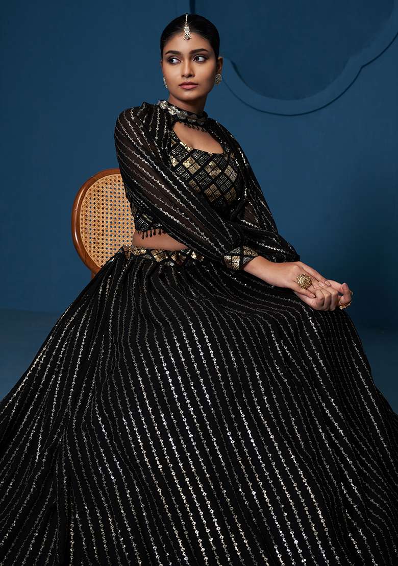 Black Embroidererd With Dupatta Georgette Lehenga Set for Diwali | Wedding & Festive Wear - Indya