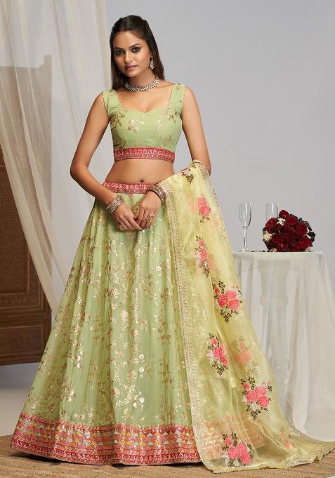 Sea Green Embroidererd Georgette Lehenga Set With Dupatta