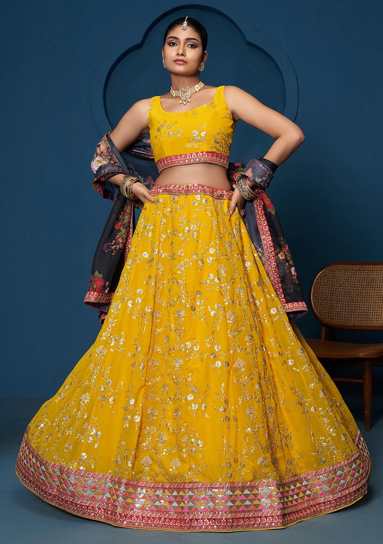 Yellow Embroidererd Georgette Lehenga Set With Dupatta