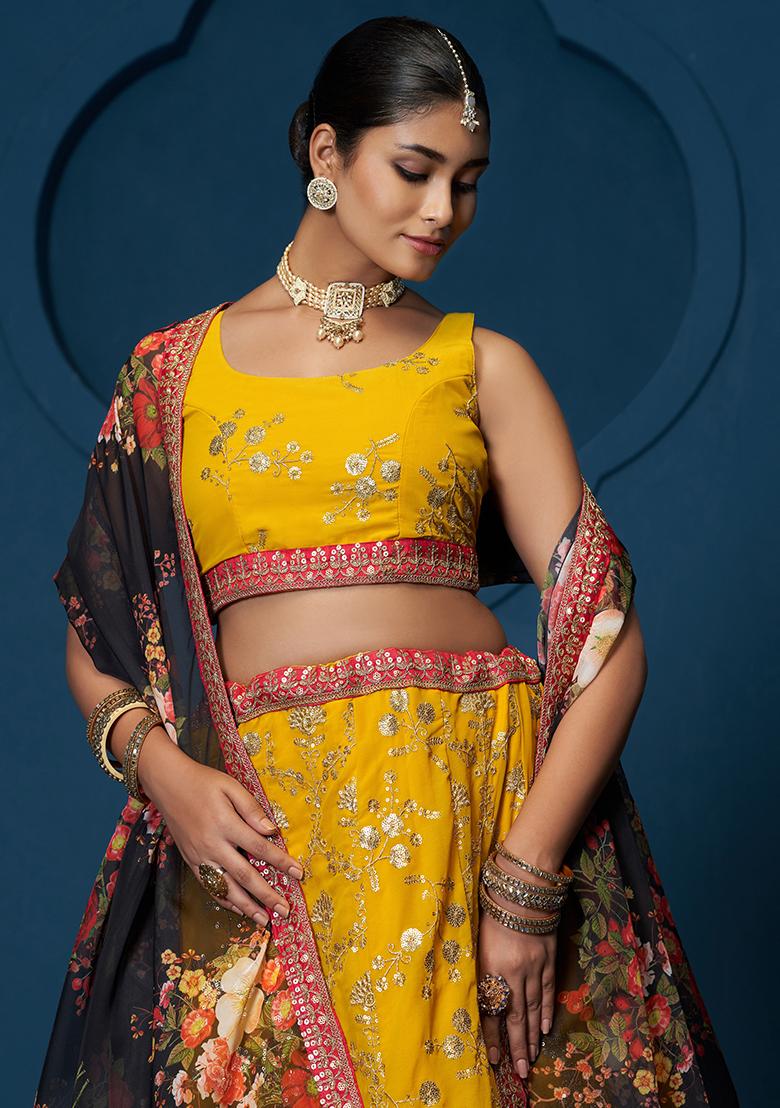 Yellow Embroidererd Georgette Lehenga Set With Dupatta