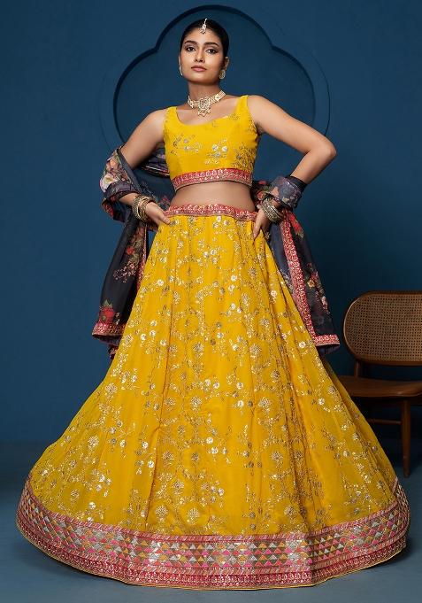 Yellow Embroidererd Georgette Lehenga Set With Dupatta