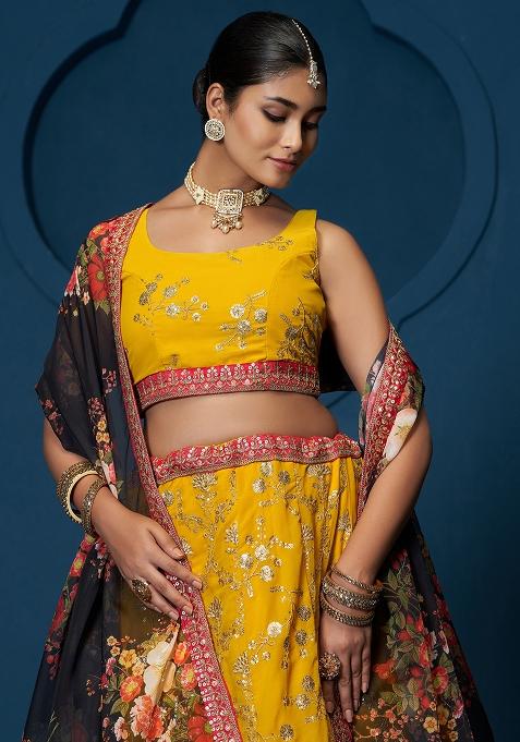 Yellow Embroidererd Georgette Lehenga Set With Dupatta