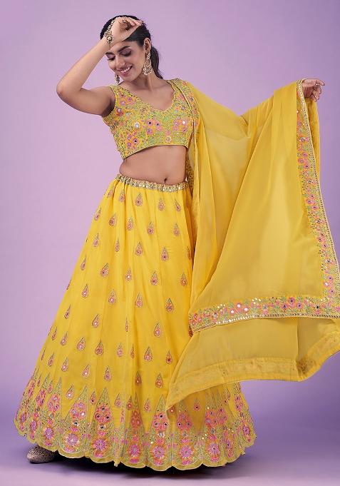 Mustard Yellow Embroidererd Georgette Lehenga Set With Dupatta