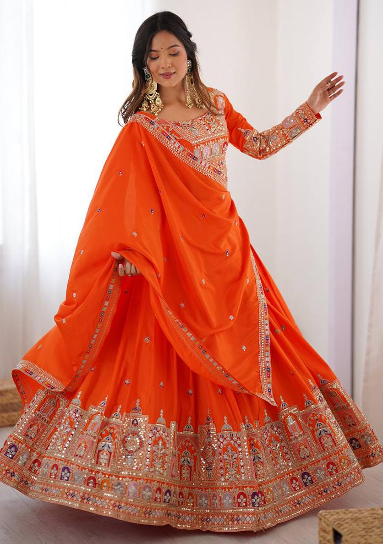 Orange Embroidererd Georgette Lehenga Set With Dupatta
