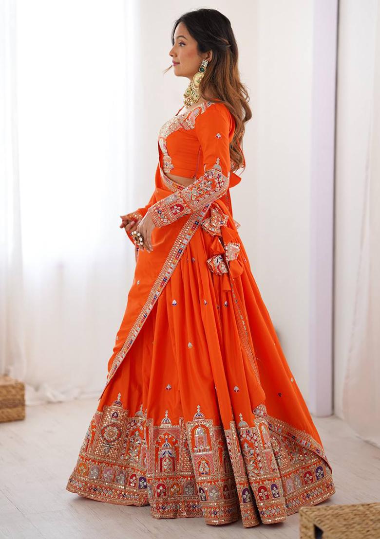 Orange Embroidererd Georgette Lehenga Set With Dupatta