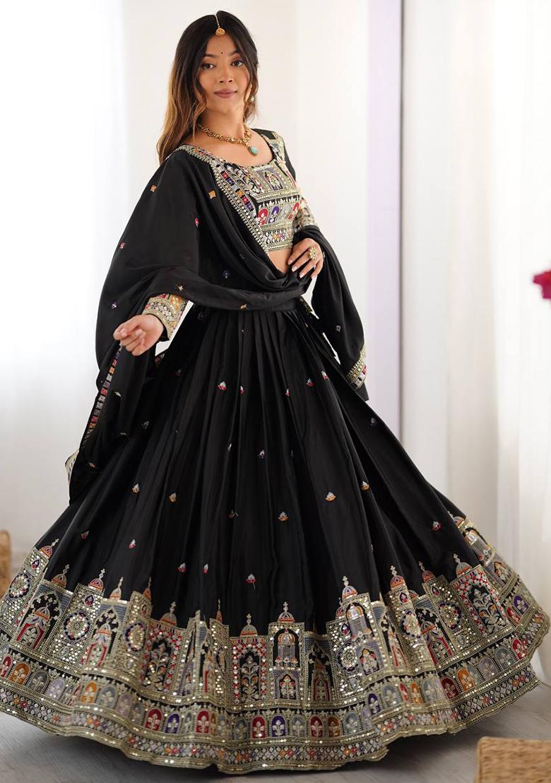 Black Embroidererd Georgette Lehenga Set With Dupatta