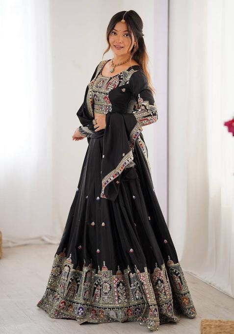 Black Embroidererd Georgette Lehenga Set With Dupatta