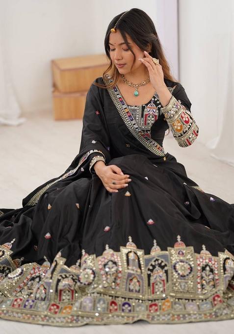 Black Embroidererd Georgette Lehenga Set With Dupatta