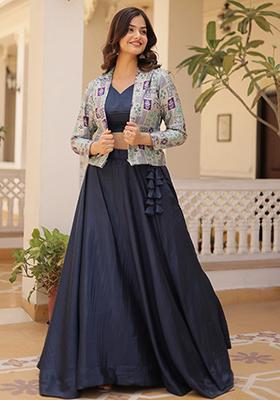 Blue Solid Chinon Lehenga Set
