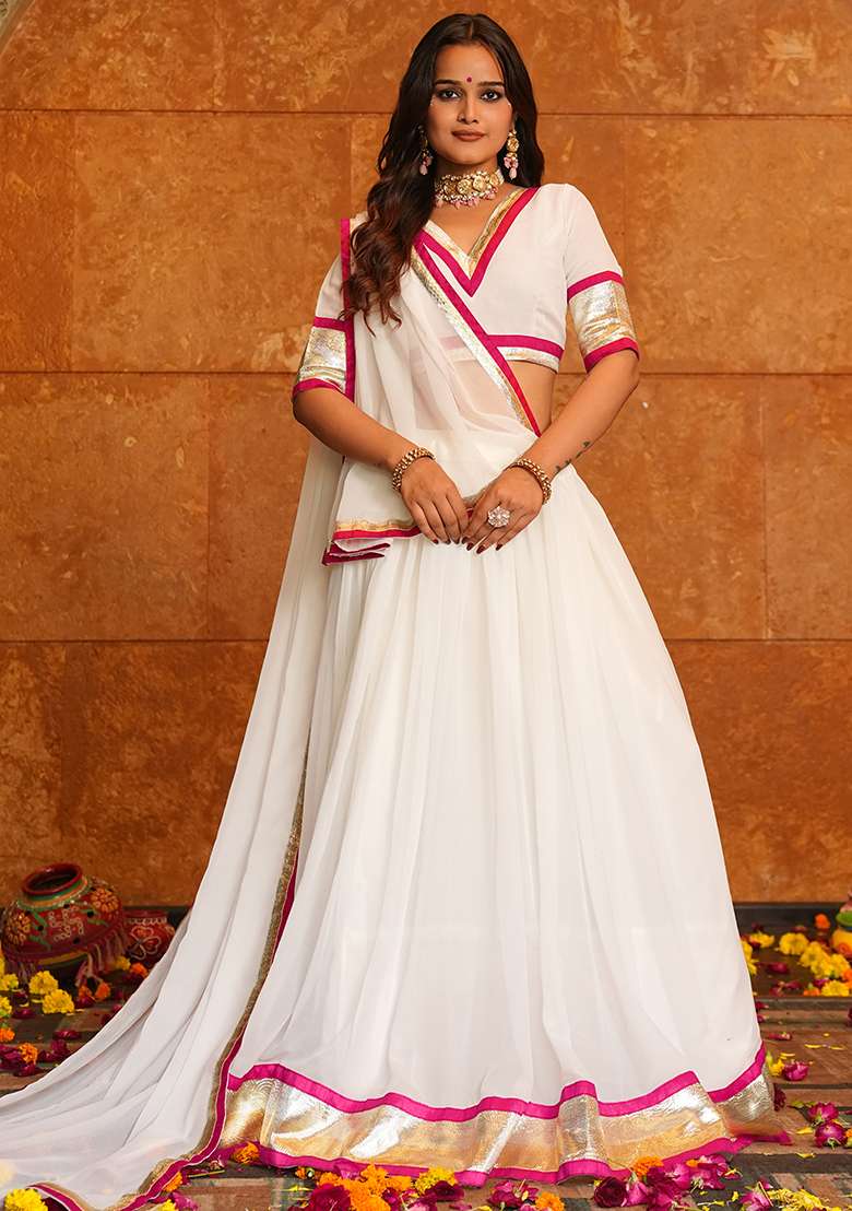 White Lace Work Georgette Chaniya Choli Set For Navratri And Garba for Diwali and Festive Wear - Indya