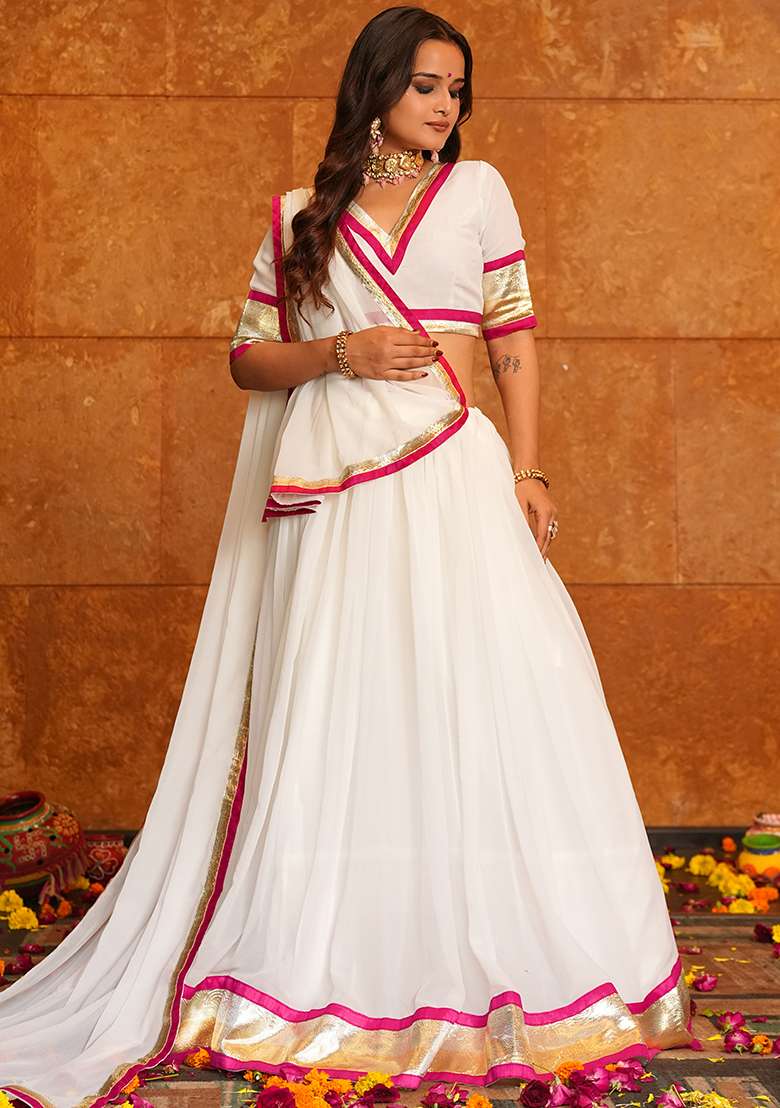 White Lace Work Georgette Chaniya Choli Set For Navratri And Garba for Diwali and Festive Wear - Indya