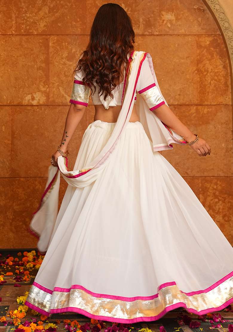 White Lace Work Georgette Chaniya Choli Set For Navratri And Garba for Diwali and Festive Wear - Indya