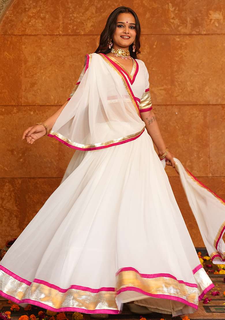 White Lace Work Georgette Chaniya Choli Set For Navratri And Garba for Diwali and Festive Wear - Indya