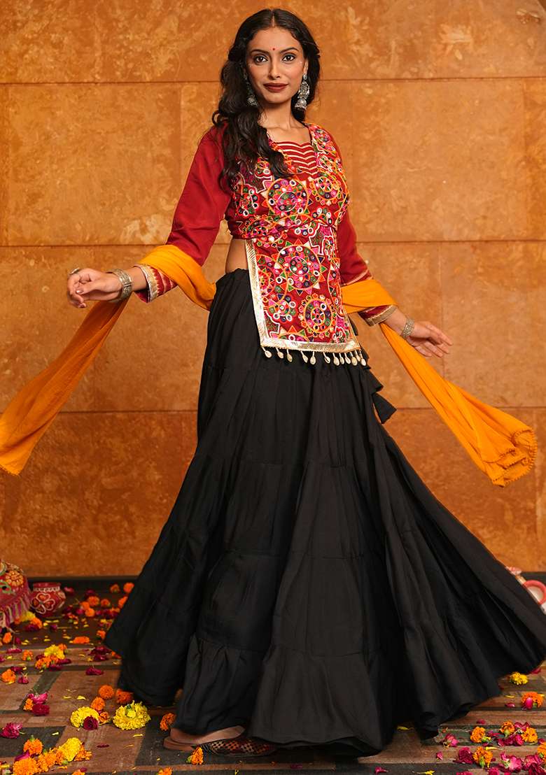 Black Embroidererd Crepe Chaniya Choli Set For Navratri And Garba for Diwali | Wedding & Festive Wear - Indya