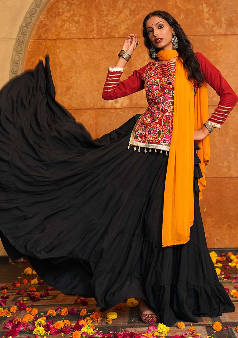 Black Embroidererd Crepe Chaniya Choli Set For Navratri And Garba for Diwali | Wedding & Festive Wear - Indya