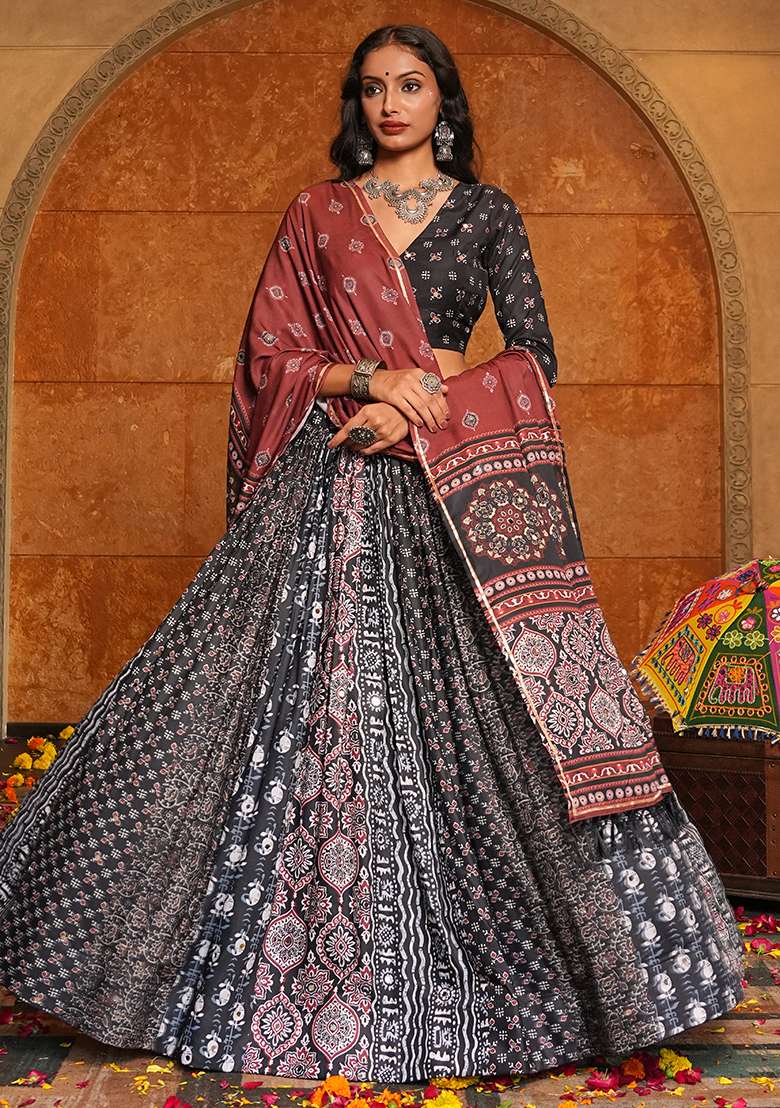 Black Printed Crepe Chaniya Choli Set For Navratri And Garba for Diwali and Festive Wear - Indya