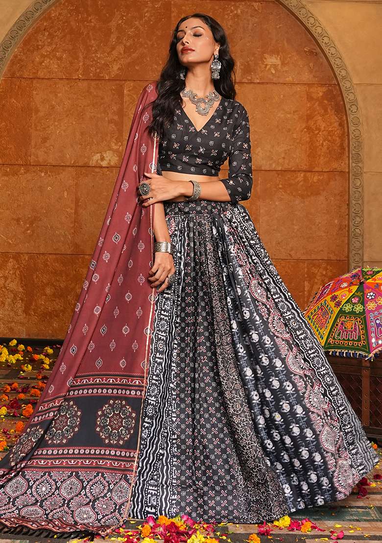 Black Printed Crepe Chaniya Choli Set For Navratri And Garba for Diwali and Festive Wear - Indya
