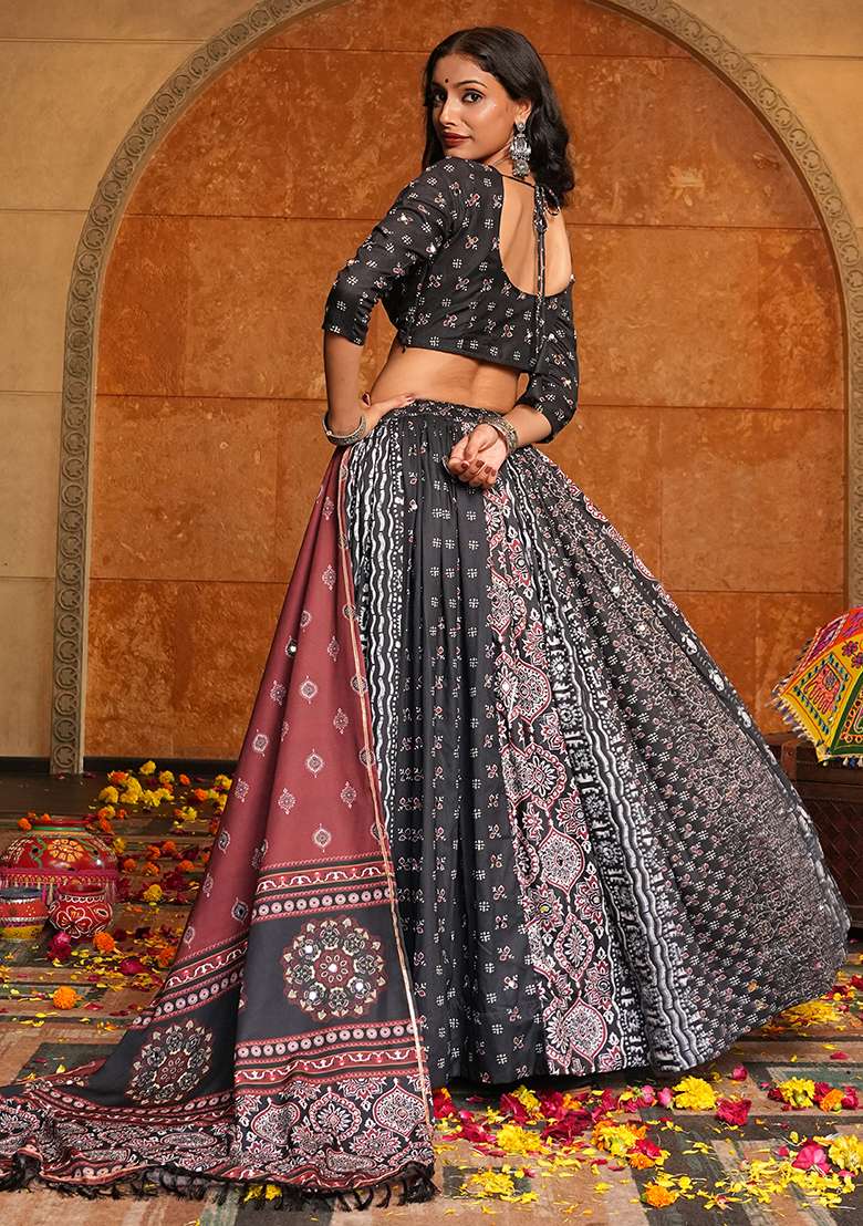 Black Printed Crepe Chaniya Choli Set For Navratri And Garba for Diwali and Festive Wear - Indya