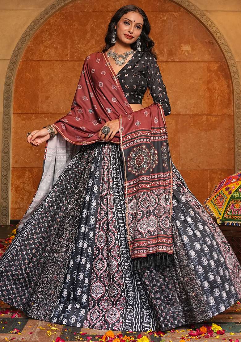 Black Printed Crepe Chaniya Choli Set For Navratri And Garba for Diwali and Festive Wear - Indya