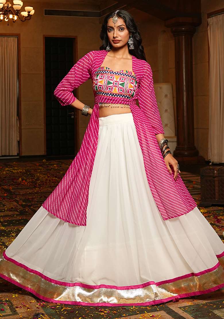 White Embroidererd Georgette Chaniya Choli Set For Navratri And Garba for Diwali and Festive Wear - Indya