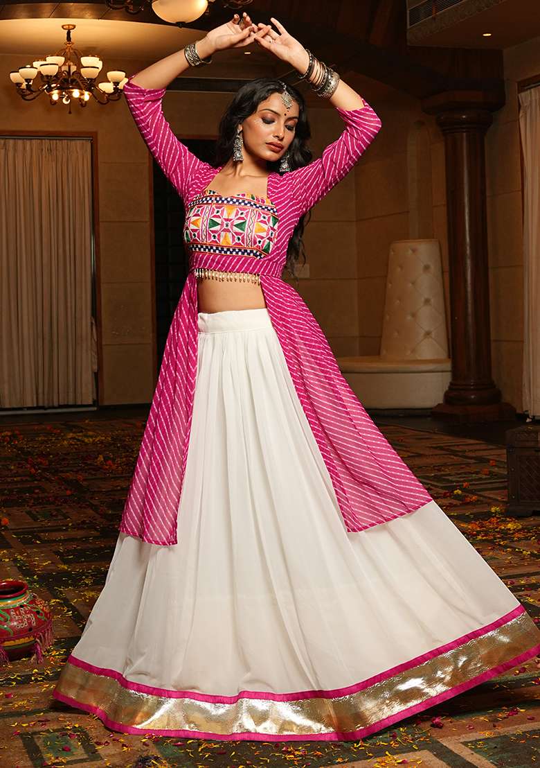 White Embroidererd Georgette Chaniya Choli Set For Navratri And Garba for Diwali and Festive Wear - Indya