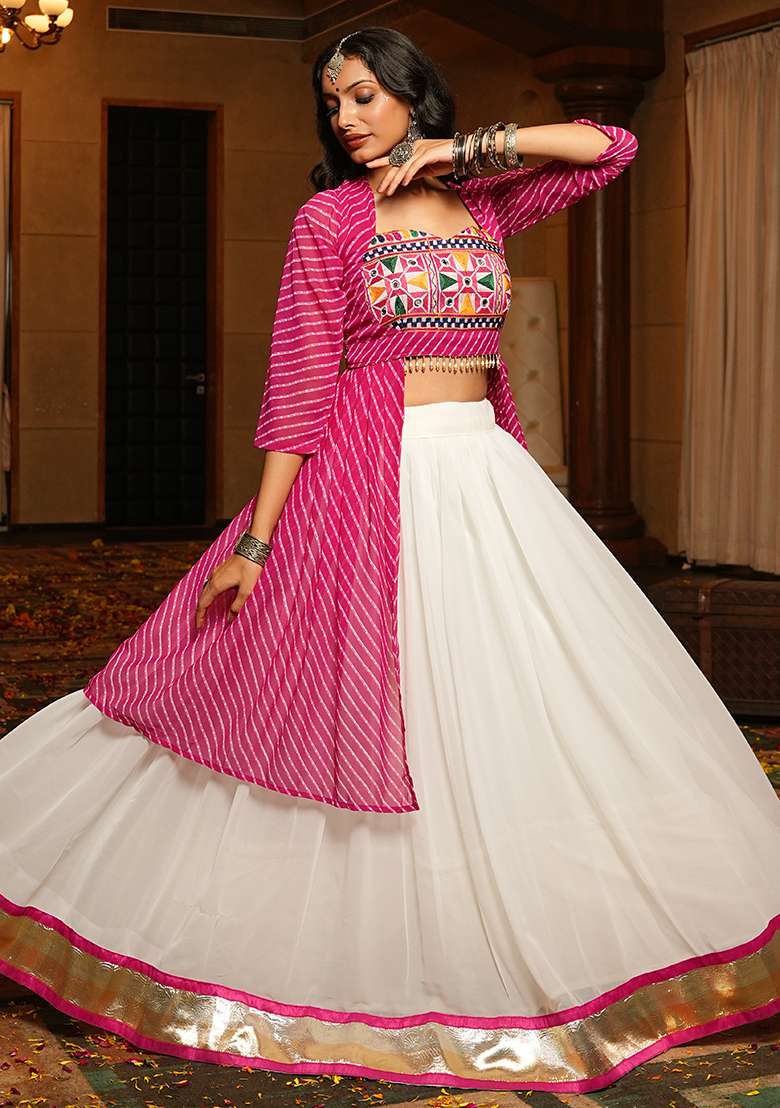 White Embroidererd Georgette Chaniya Choli Set For Navratri And Garba for Diwali and Festive Wear - Indya
