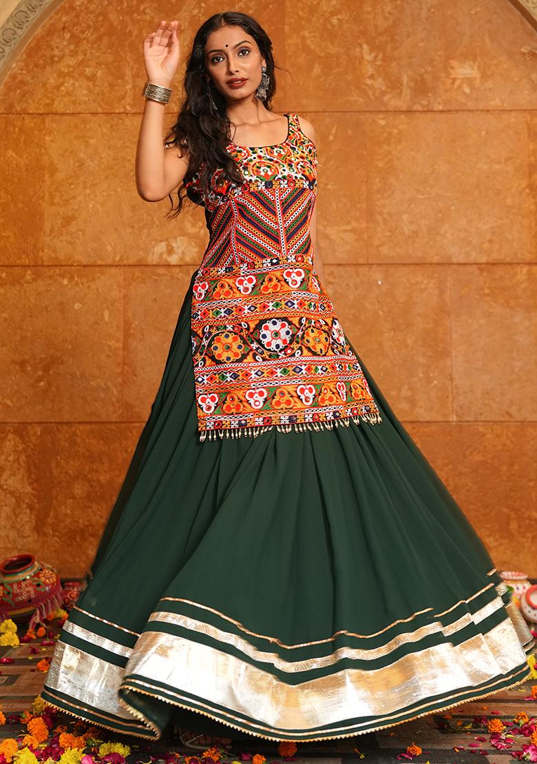 Green Embroidererd Georgette Lehenga Set With Dupatta - Indya