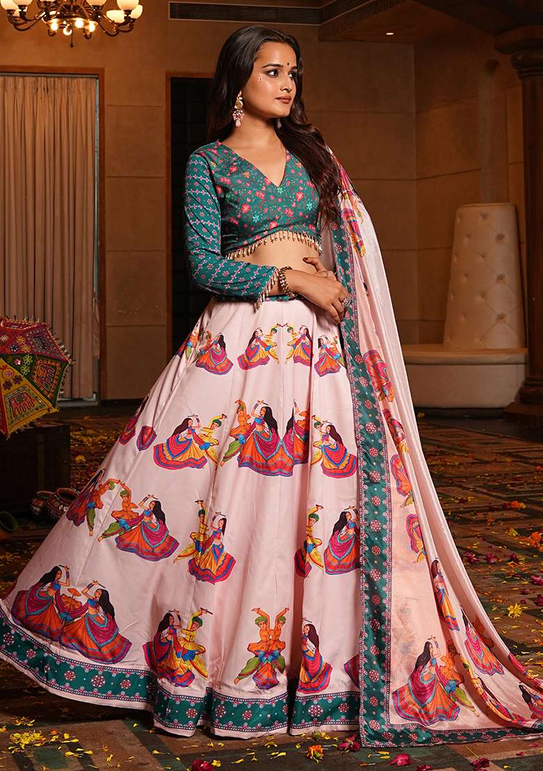 Light Pink Printed Crepe Chaniya Choli Set For Navratri And Garba for Diwali and Festive Wear - Indya