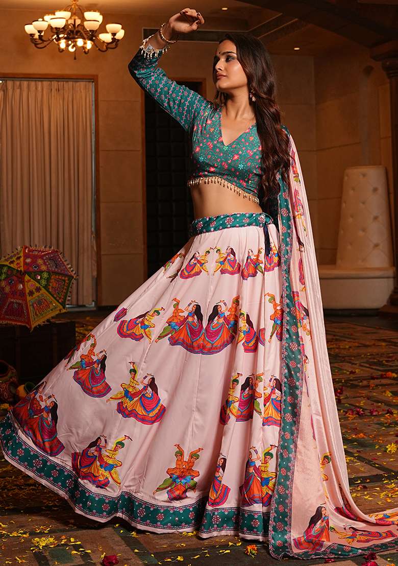 Light Pink Printed Crepe Chaniya Choli Set For Navratri And Garba for Diwali and Festive Wear - Indya