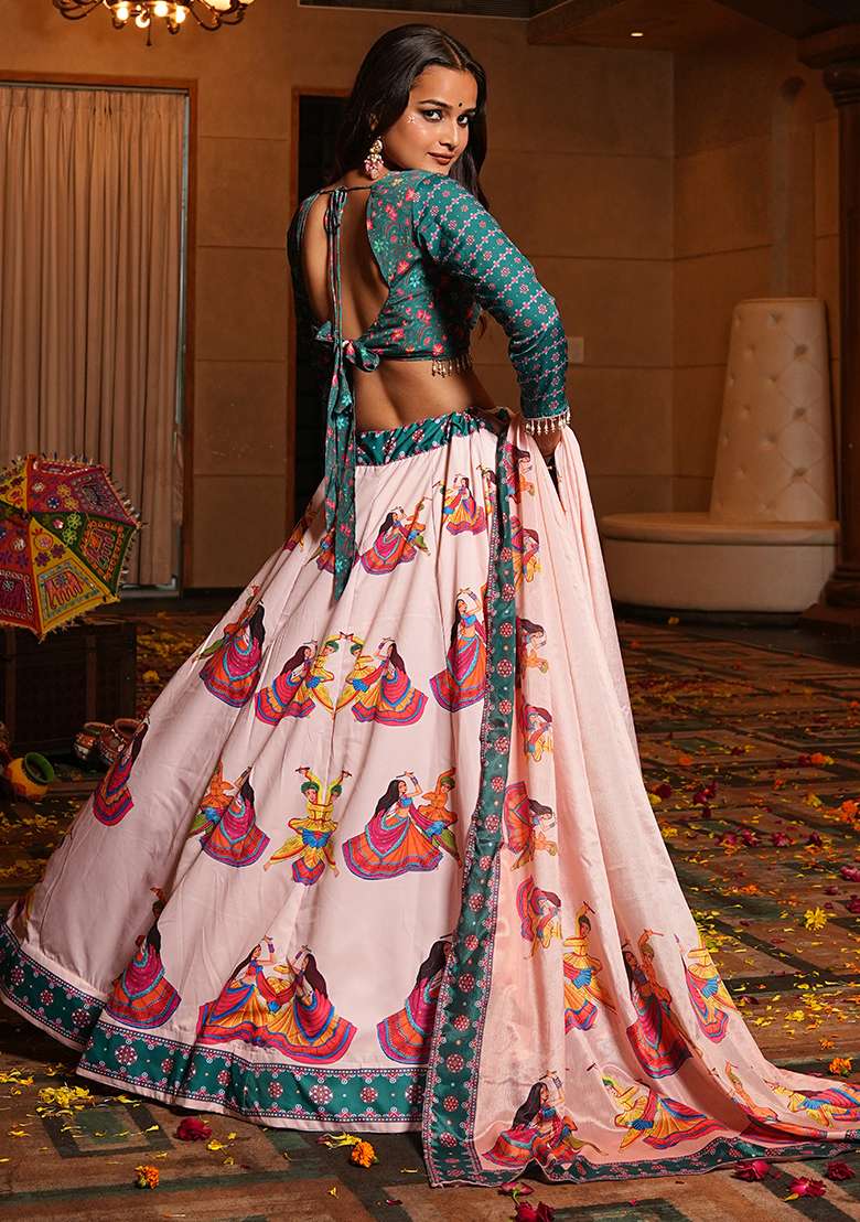 Light Pink Printed Crepe Chaniya Choli Set For Navratri And Garba for Diwali and Festive Wear - Indya