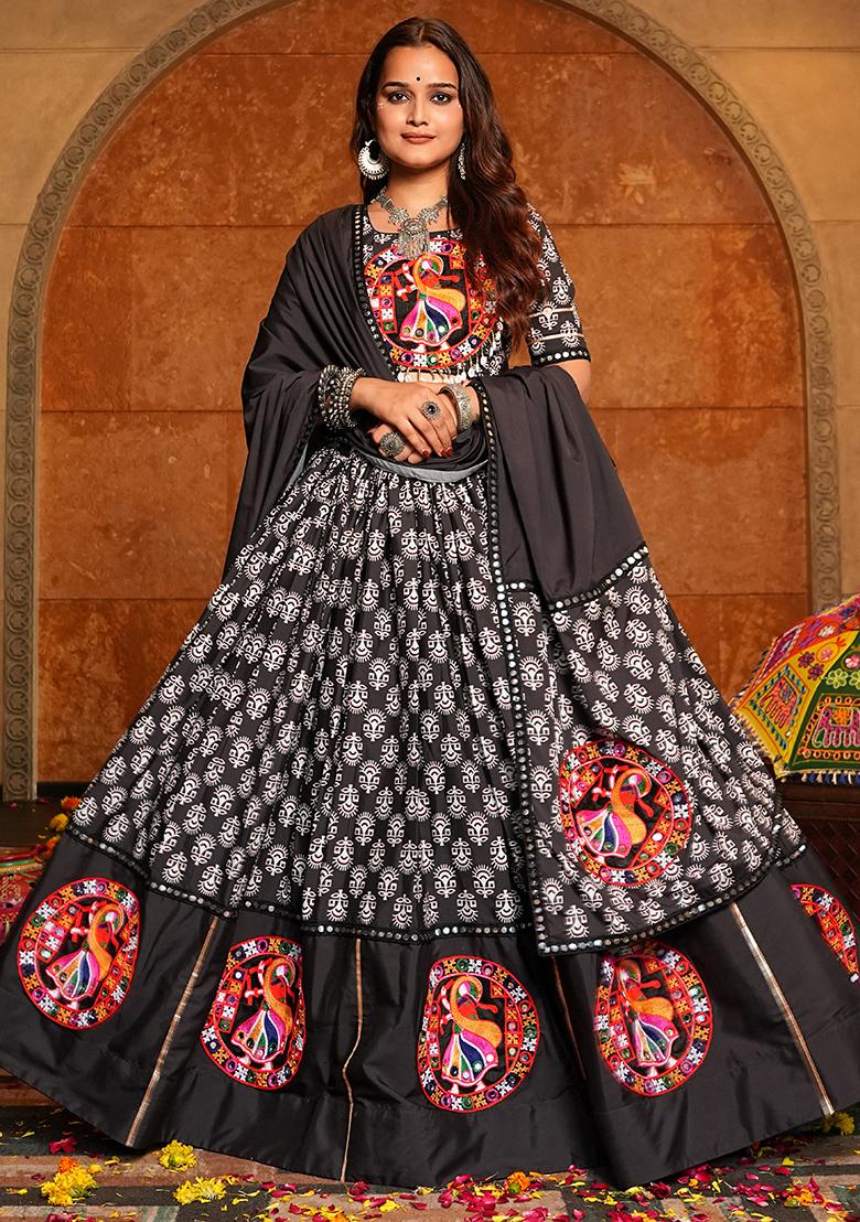 Black Embroidererd Crepe Lehenga Set With Dupatta - Indya