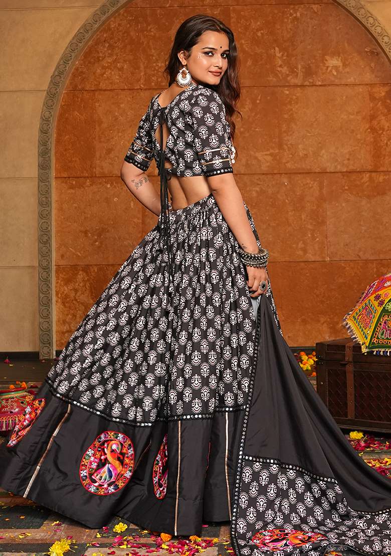 Black Embroidererd Crepe Chaniya Choli Set For Navratri And Garba for Diwali and Festive Wear - Indya