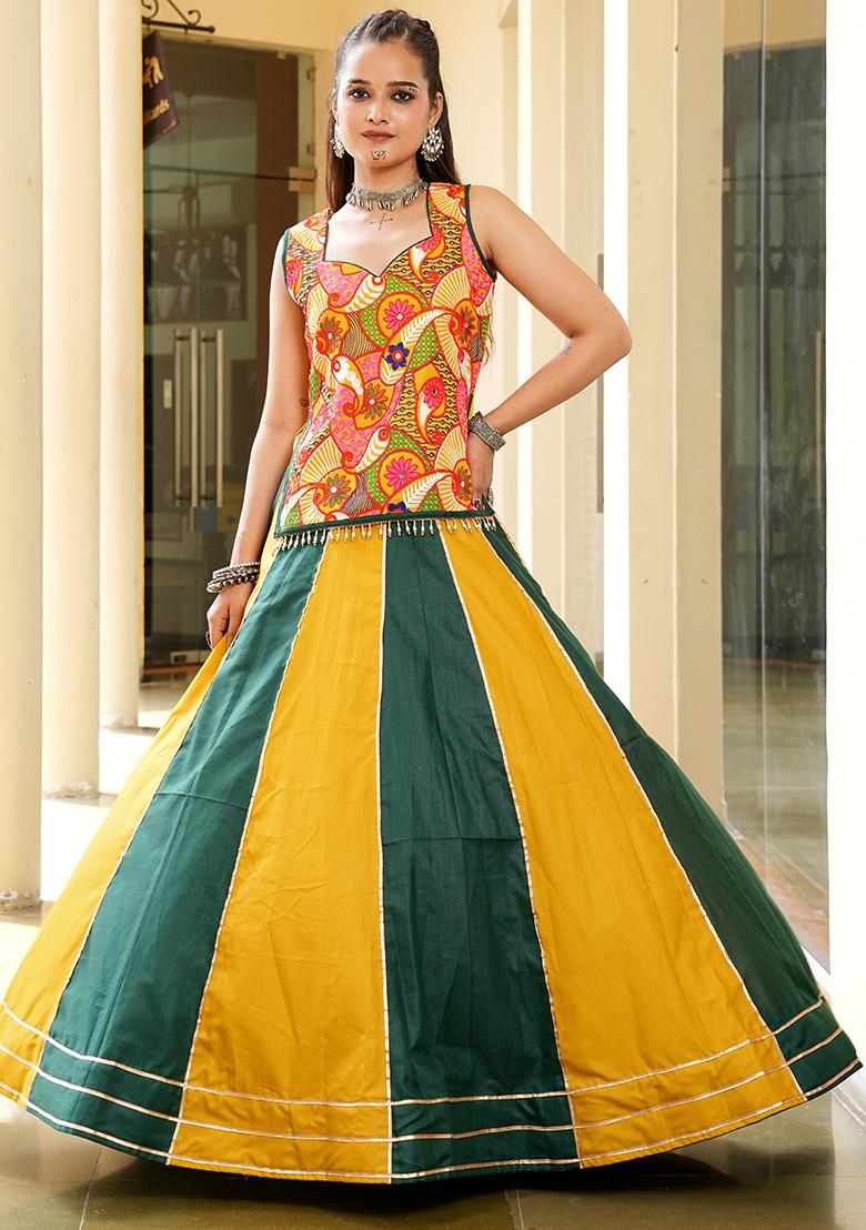 Mustard Yellow And Green Embroidererd Cotton Lehenga Set With Dupatta