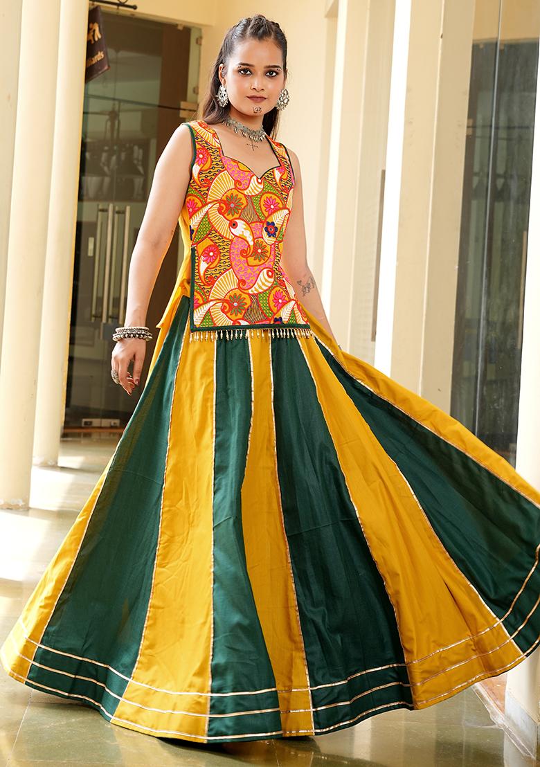 Mustard Yellow And Green Embroidererd Cotton Lehenga Set With Dupatta