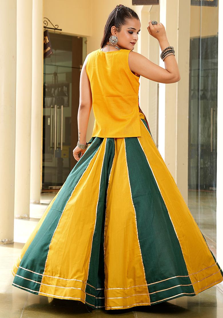 Mustard Yellow And Green Embroidererd Cotton Lehenga Set With Dupatta
