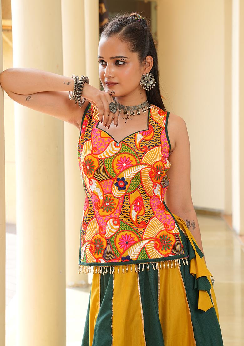 Mustard Yellow And Green Embroidererd Cotton Lehenga Set With Dupatta