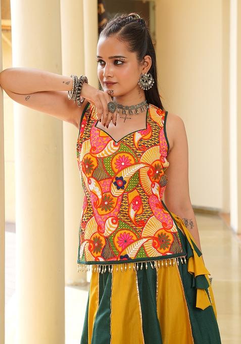 Mustard Yellow And Green Embroidererd Cotton Lehenga Set With Dupatta