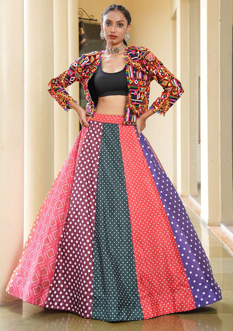 Multi Embroidererd Silk Blend Crepe Chaniya Choli Set For Navratri And Garba for Diwali | Wedding & Festive Wear - Indya