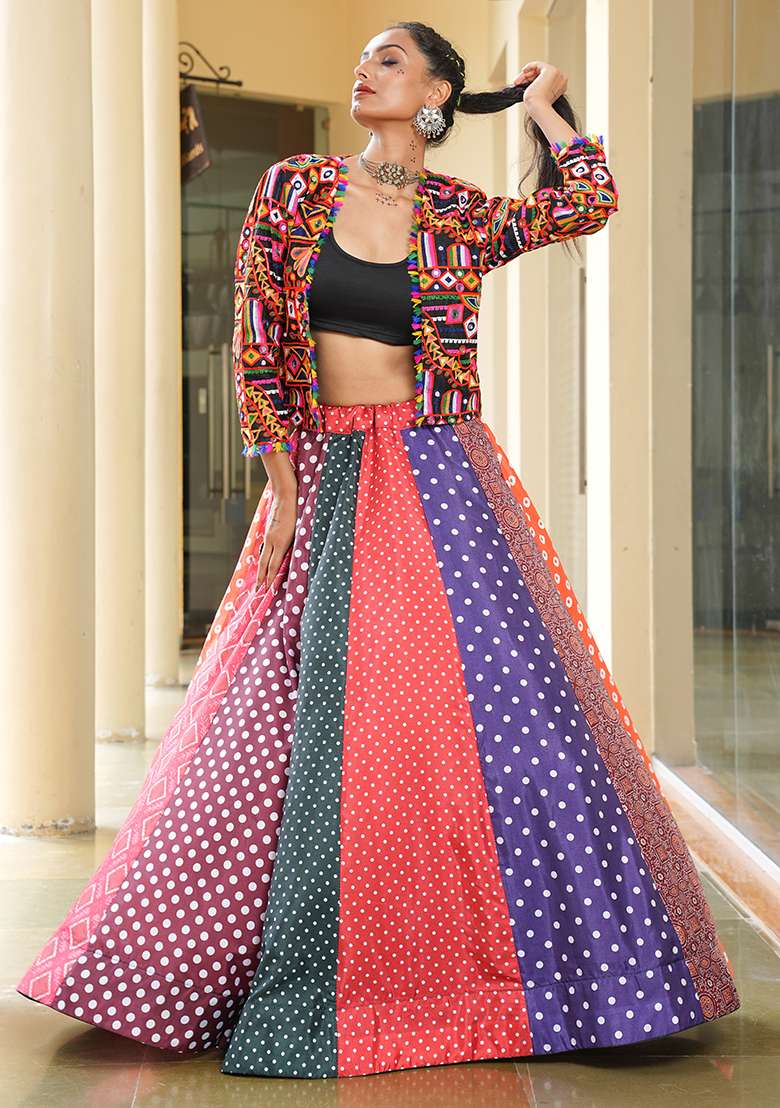 Multi Embroidererd Silk Blend Crepe Chaniya Choli Set For Navratri And Garba for Diwali | Wedding & Festive Wear - Indya