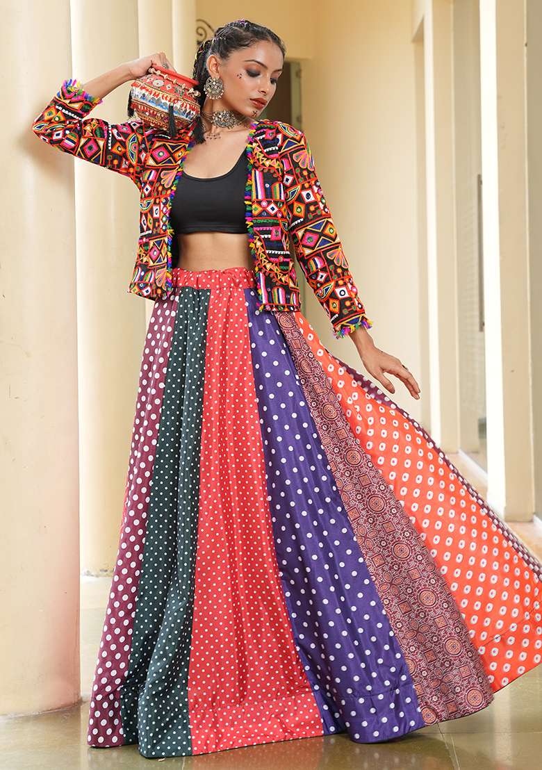 Multi Embroidererd Silk Blend Crepe Chaniya Choli Set For Navratri And Garba for Diwali | Wedding & Festive Wear - Indya