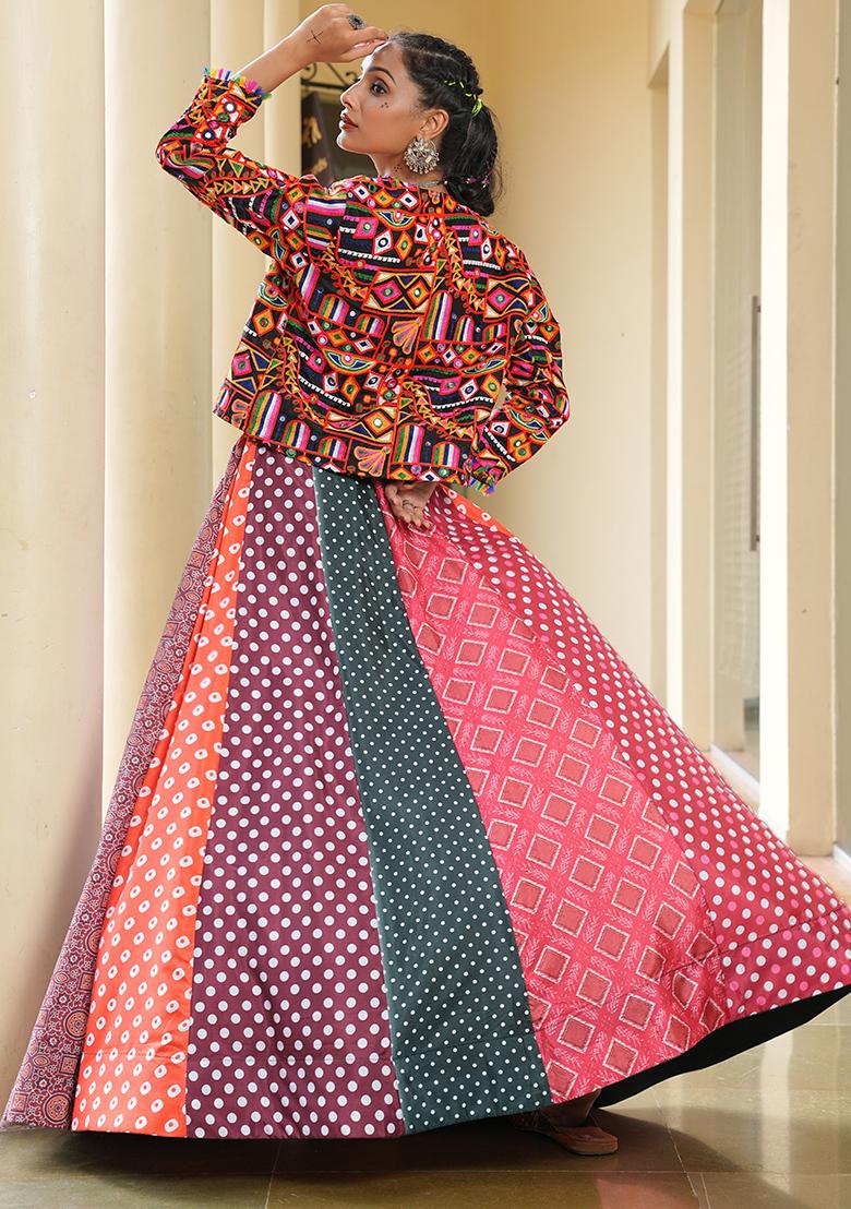 Multi Embroidererd Silk Crepe Lehenga Set With Dupatta - Indya