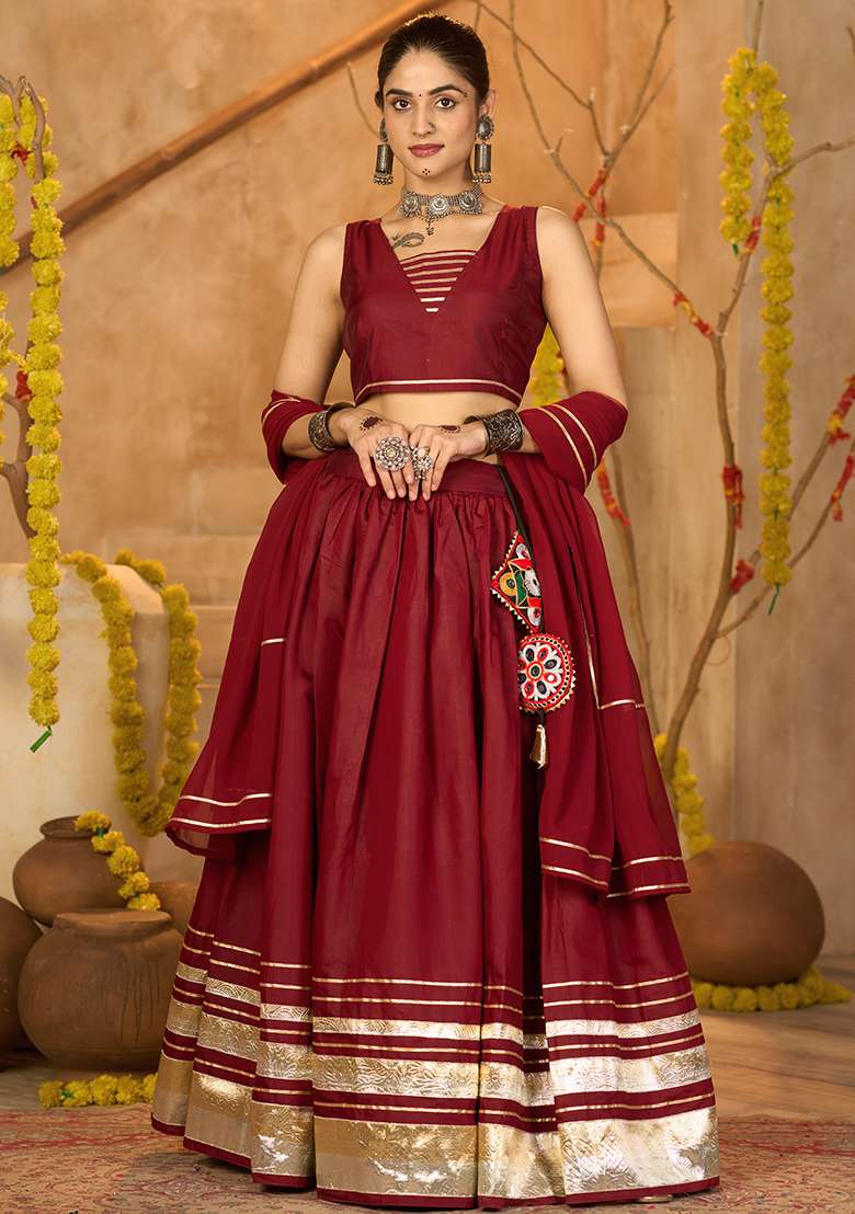 Maroon Lace Work Silk Blend Crepe Chaniya Choli Set For Navratri And Garba for Diwali | Wedding & Festive Wear - Indya