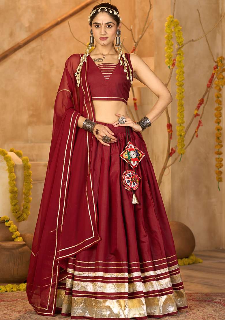 Maroon Lace Work Silk Blend Crepe Chaniya Choli Set For Navratri And Garba for Diwali | Wedding & Festive Wear - Indya