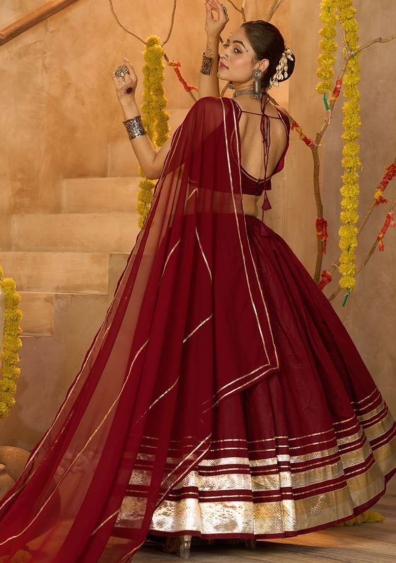 Maroon Lace Work Silk Blend Crepe Chaniya Choli Set For Navratri And Garba for Diwali | Wedding & Festive Wear - Indya