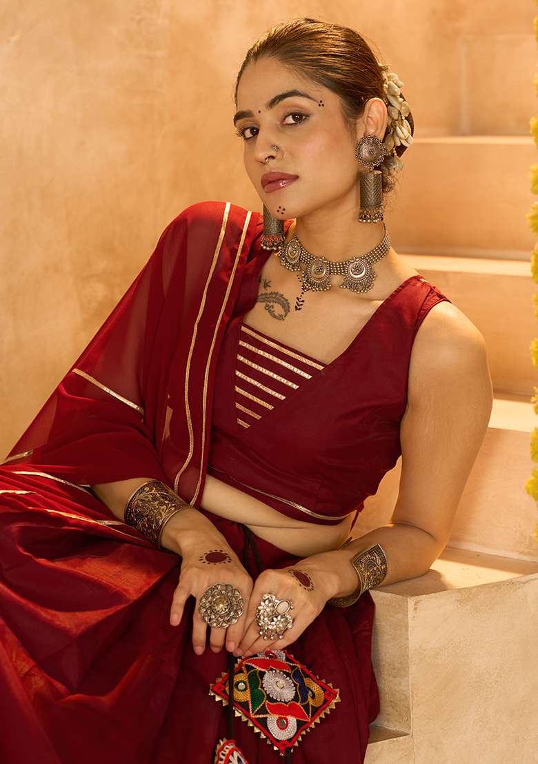 Maroon Lace Work Silk Blend Crepe Chaniya Choli Set For Navratri And Garba for Diwali | Wedding & Festive Wear - Indya