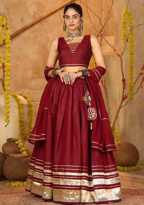 Maroon Lace Work Silk Crepe Lehenga Set With Dupatta