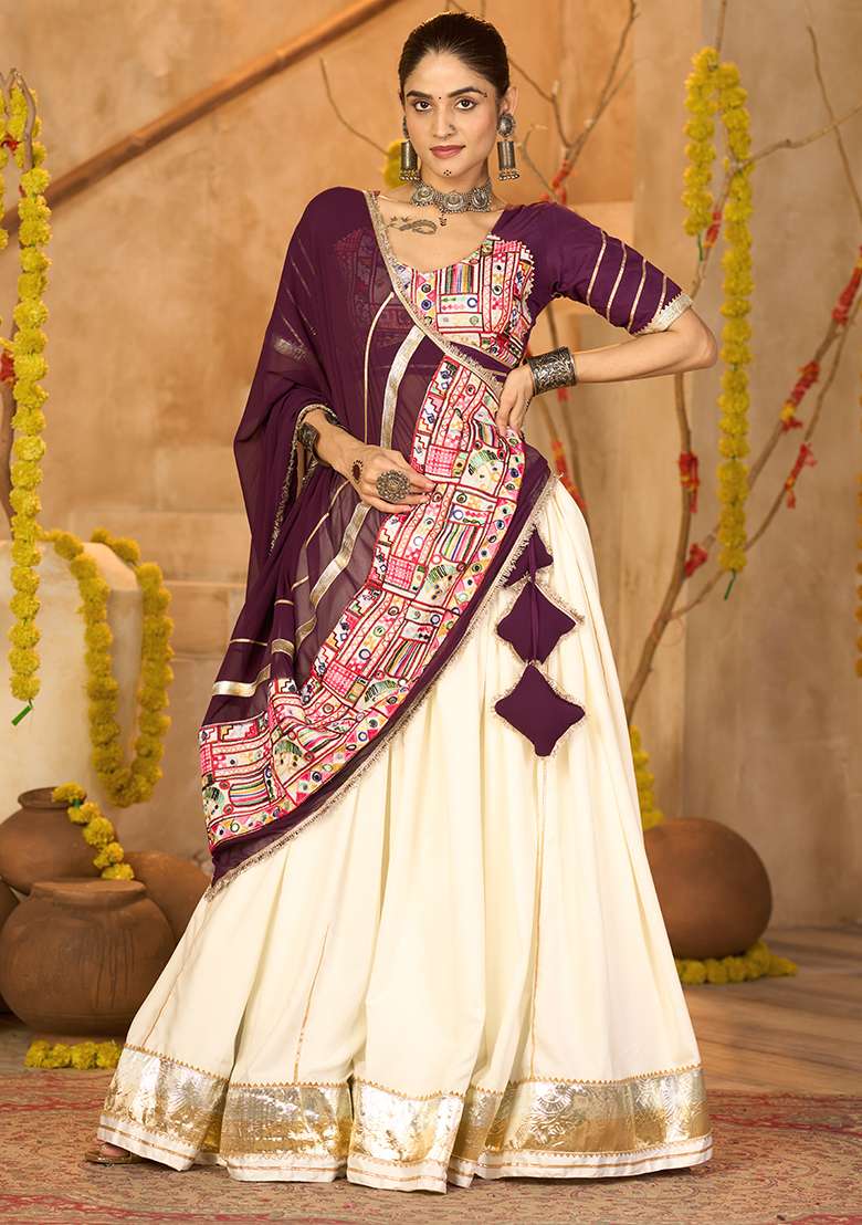 Off White Embroidererd Crepe Chaniya Choli Set For Navratri And Garba for Diwali | Wedding & Festive Wear - Indya